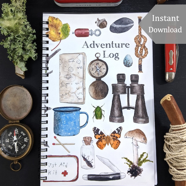 DIGITAL Adventure Log for Kids - Half-Page Size - 104 Printable Pages - "Adventuring Assortment " Cover Art - A4 and Letter Sized Files