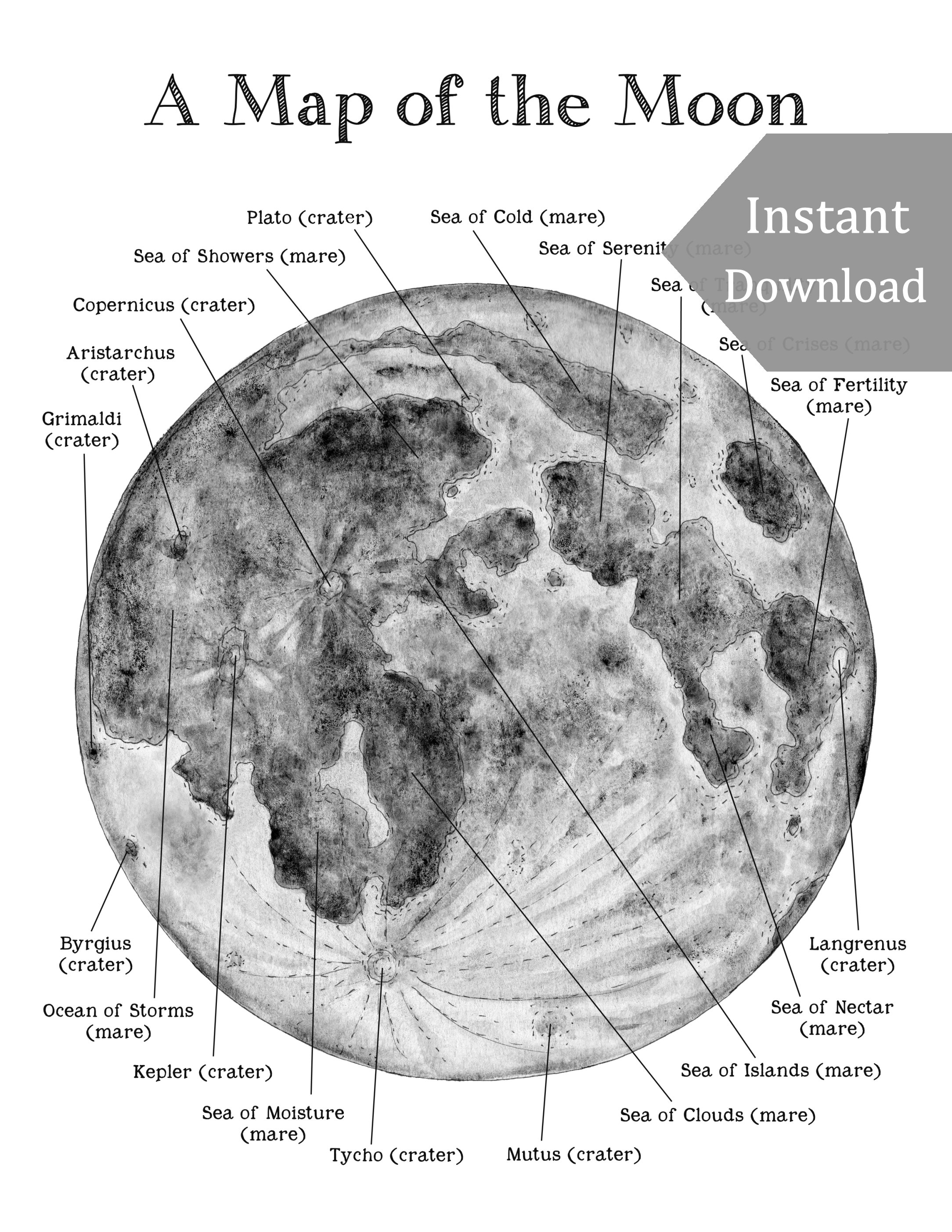 A Map of the Moon Printable 8.5 X 11 and A4 Size Digital Etsy