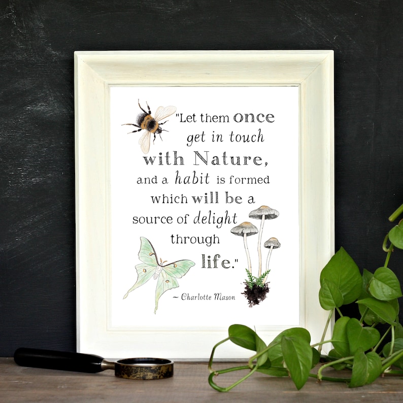 May include: A white framed print with a quote about nature. The quote reads "Let them once get in touch with Nature, and a habit is formed which will be a source of delight through life." - Charlotte Mason. The print features illustrations of a bumblebee, a moth, and mushrooms.