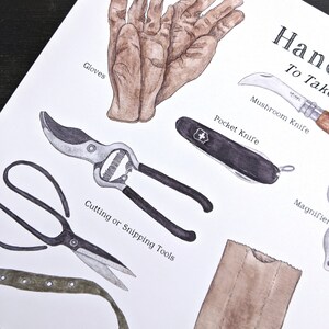 K&ouml;nnte beinhalten: Eine Aquarell-Illustration eines Sets an Werkzeugen f&uuml;r die Pilzsuche. Die Werkzeuge umfassen Handschuhe, ein Taschenmesser, ein Pilzmesser, eine Schere zum Schneiden, eine Lupe und eine braune Papiert&uuml;te. Der Text "Han to Take" ist in einer dekorativen Schrift oben im Bild geschrieben.