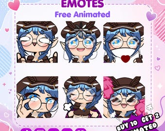 May include: A set of six digital custom emotes featuring a blue-haired character with pointed ears, round glasses, and a brown hat. The text reads CUSTOM EMOTES Free Animated and BUY 10 GET 2 ANIMATED EMOTE, with icons for TikTok, Twitch, Discord, YouTube, and Kick.