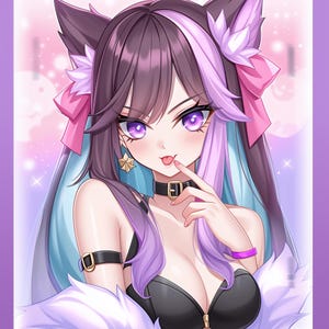 May include: A purple and blue haired anime character with cat ears and a pink bow. She is wearing a black bra and a black choker with a silver buckle. She is also wearing a black bracelet with a silver buckle.