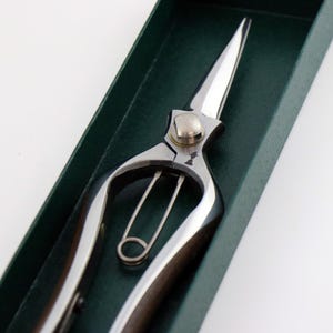 K&ouml;nnte beinhalten: Eine silberne Gartenschere mit einem Holzgriff in einer gr&uuml;nen Samtbox. Die Schere hat einen Sicherheitsverschluss und eine Feder.