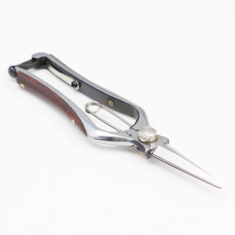 K&ouml;nnte beinhalten: Eine silberne Gartenschere mit einem Holzgriff. Die Schere hat einen federbelasteten Mechanismus und eine kleine Metallschlaufe zum Anbringen einer Schnur.