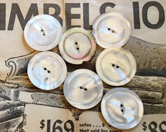 buttons mother of pearl vintage 7 huge 2 hole light tones USA