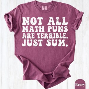 May include: A berry-colored short-sleeve t-shirt with a crew neckline. The front features white distressed-style text that reads: NOT ALL MATH PUNS ARE TERRIBLE. JUST SUM. The shirt has a standard fit with rolled sleeves and a visible brand label.