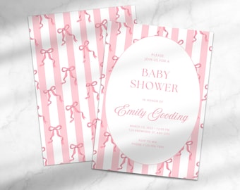 Pink Bows Baby Girl Shower Invitation | Coquette Baby Shower Invitation | Editable Baby Shower Invitation | Template for Canva