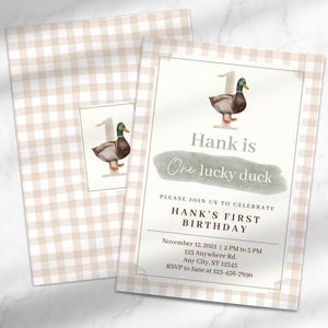 One Lucky Duck Birthday Invitation | Duck-Themed Boy&#39;s First Birthday Party | One Lucky Duck Theme Invite | Canva Template Instant Download