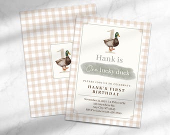 One Lucky Duck Birthday Invitation | Duck-Themed Boy's First Birthday Party | One Lucky Duck Theme Invite | Canva Template Instant Download