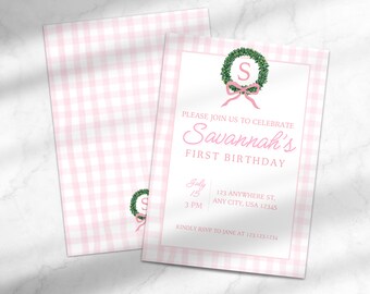 Grandmillennial Girl's First Birthday Party Invitation | Girl's 1st Birthday Invite | Gingham Birthday Canva Template Instant Download