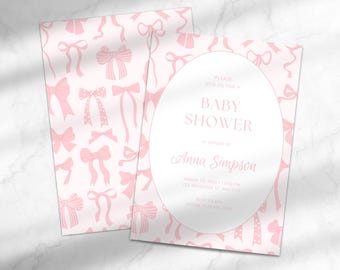 Baby Girl Shower Invitation | Pink Bow Baby Shower Invitation | Pink Grandmillennial Baby Shower | Editable Canva Baby Shower Invitation