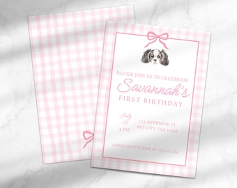 Cavalier King Charles First Birthday Party Invitation | Girl's 1st Puppy Birthday Invite | Gingham Birthday Canva Template Instant Download
