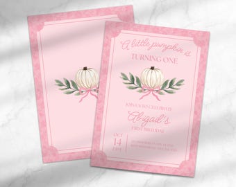 Pumpkin Girl's First Birthday Party Invitation | Fall Girl's 1st Birthday Invite | Pumpkin Birthday Canva Template Instant Download