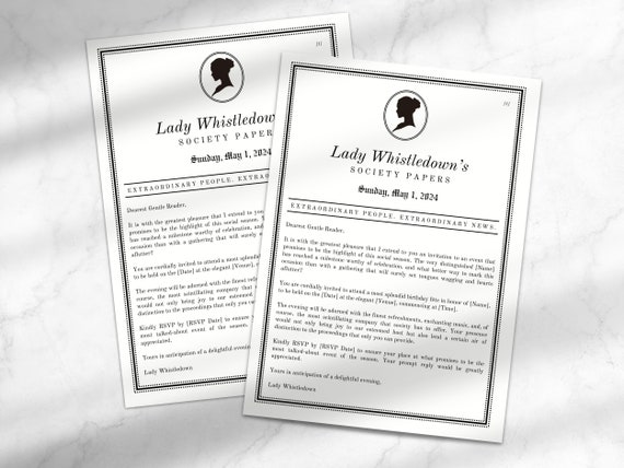 Bridgerton Party Invitation | Lady Whistledown Society Papers | Digital Birthday Card | Template for Canva | Editable Birthday Invitation
