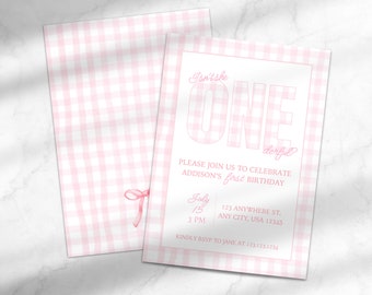 Editable Isn't She ONEderful Birthday Party Invitation | 1st Birthday Invite | Gingham Birthday Canva Template Instant Download