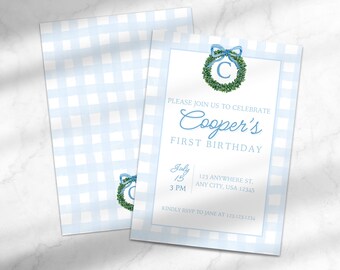 Grandmillennial Boy's First Birthday Party Invitation | Boy's 1st Birthday Invite | Gingham Birthday Canva Template Instant Download