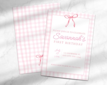 Grandmillennial Girl's First Birthday Party Invitation | Girl's 1st Birthday Invite | Gingham Birthday Canva Template Instant Download