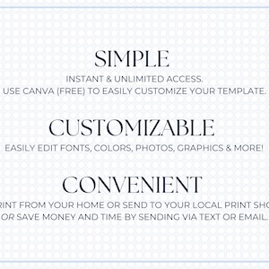 May include: A graphic with blue text on a white background with a light blue dotted pattern. The text reads "SIMPLE", "INSTANT & UNLIMITED ACCESS. USE CANVA (FREE) TO EASILY CUSTOMIZE YOUR TEMPLATE.", "CUSTOMIZABLE", "EASILY EDIT FONTS, COLORS, PHOTOS, GRAPHICS & MORE!" and "CONVENIENT", "PRINT FROM YOUR HOME OR SEND TO YOUR LOCAL PRINT SHOP OR SAVE MONEY AND TIME BY SENDING VIA TEXT OR EMAIL."