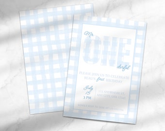 Editable Mr ONEderful Birthday Party Invitation | 1st Birthday Invite | Mister Wonderful | Gingham Birthday Canva Template Instant Download