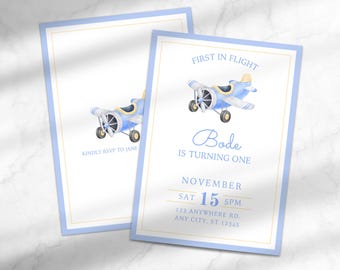 First in Flight First Birthday Invitation | Plane First Birthday | Flight Themed First Birthday Invite | Canva Template Instant Download