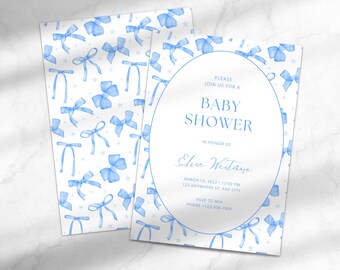 Baby Boy Shower Invitation | Blue Bow Baby Shower Invitation | Coquette Baby Shower Invite | Editable Canva Baby Shower Invitation