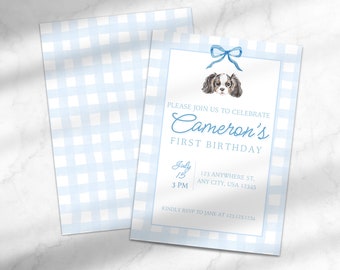 Cavalier King Charles First Birthday Party Invitation | Boy's 1st Puppy Birthday Invite | Gingham Birthday Canva Template Instant Download