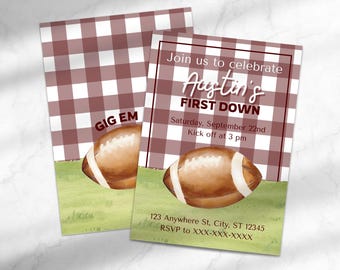 Maroon First Down Football-Themed First Birthday Party Invitation | Texas A&M First Down Party Invitation| Canva Template Instant Download