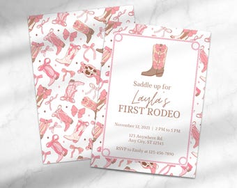 Girl's First Rodeo Birthday Invitation | Boots and Bows First Birthday | Rodeo-Themed First Birthday Invite | Canva Template Download