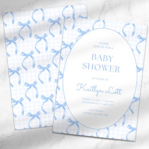 Cute Baby Boy Shower Invitation | Blue Bow Baby Shower Invitation | Grandmillennial Baby Shower Invite | Canva Baby Shower Invitation