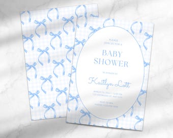 Cute Baby Boy Shower Invitation | Blue Bow Baby Shower Invitation | Grandmillennial Baby Shower Invite | Canva Baby Shower Invitation