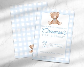 Boy Bear Birthday Invitation | Boys Bear-y First Birthday | Classic Birthday Invite | Boy's First Birthday | Canva Template Instant Download