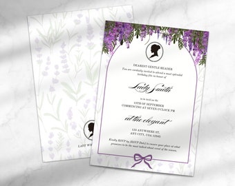 Invitación a la fiesta de Bridgerton / Cumpleaños de Lady Whistledown / Tarjeta de cumpleaños digital / Plantilla para Canva / Invitación de cumpleaños editable