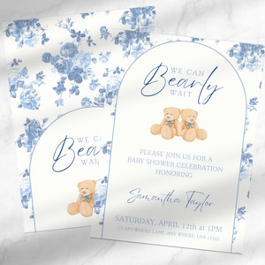 We Can Bearly Wait | Twin Boys Baby Shower Invitation Template | Editable Teddy Bear Invite for Two Baby Boys | Canva Template