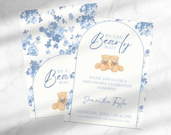 We Can Bearly Wait | Twin Boys Baby Shower Invitation Template | Editable Teddy Bear Invite for Two Baby Boys | Canva Template