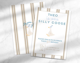 Zaproszenie One Silly Goose | Zaproszenie urodzinowe Silly Goose | Edytowalne zaproszenie na pierwsze urodziny | Szablon dla Canva