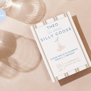 May include: A white and blue birthday invitation with a cartoon goose wearing a party hat. The invitation reads "Theo is one Silly Goose" and includes the date and time of the party.