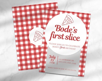 Boy's First Slice Birthday Party Invitation | Boy's 1st Pizza Birthday Invite | Pizza Themed Birthday Canva Template Instant Download