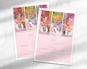 Baby Girl 1st Birthday Party Invitation | Digital Birthday Card | Editable First Birthday Invitation | Template for Canva