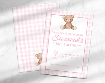 Girl Teddy Bear Birthday Invitation | Girl's Bear-y First Birthday | Girl's First Birthday | Canva Template Instant Download