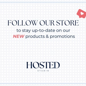 May include: A white and blue patterned background with the text "FOLLOW OUR STORE to stay up-to-date on our NEW products & promotions HOSTED STUDIO" in black text. A red heart icon is in the upper right corner.