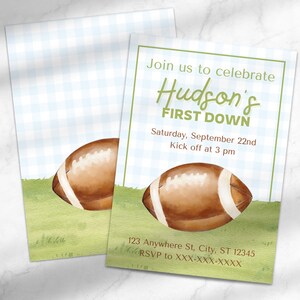 First Down Football-Themed First Birthday Party Invitation | First Down Party Invitation| Gingham Birthday Canva Template Instant Download