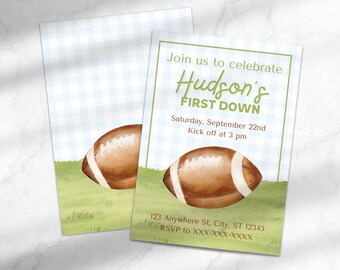 First Down Football-Themed First Birthday Party Invitation | First Down Party Invitation| Gingham Birthday Canva Template Instant Download