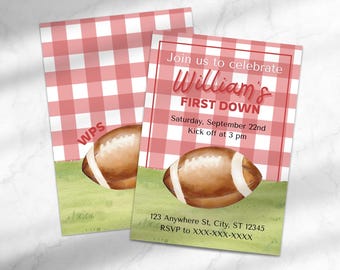 Red First Down Football-Themed First Birthday Party Invitation | Red First Down Party Invitation | Canva Template Instant Download
