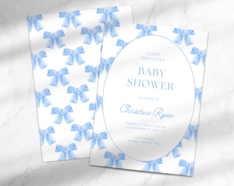 Bow Baby Boy Shower Invitation | Blue Bow Baby Shower Invitation | Grandmillennial Baby Shower Invite | Canva Baby Shower Invitation