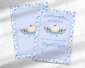 Pumpkin Baby Boy Shower Invitation | Fall Shower Invitation | Digital Shower Card | Editable Baby Shower Invitation | Template for Canva