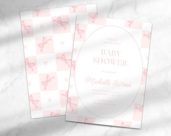 Pink Bow Baby Girl Shower Invitation | Coquette Shower Invitation | Grandmillennial Editable Canva Baby Shower Invitation