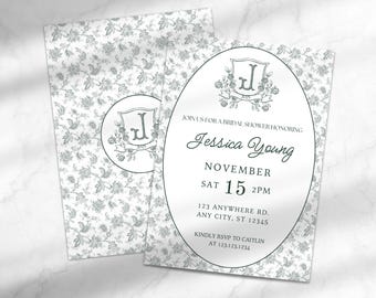 Grandmillennial Bridal Shower Invitation | Green Floral Bridal Shower Invitation | Editable Bridal Shower Invitation | Template for Canva