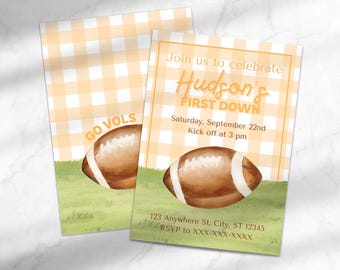 Orange First Down Football-Themed First Birthday Party Invitation | Tennessee First Down Party Invitation| Canva Template Instant Download