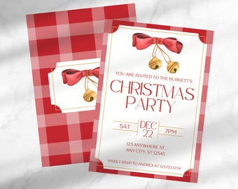 Grandmillennial Christmas Party Invitation | Preppy Jingle Bells Christmas Party Invite | Editable Christmas Invitation | Template for Canva