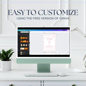 May include: A computer screen displaying a design template for a printable sign that says "The Last Toast 2 Coast Ashley's". The design is pink and white with a floral border. The screen is open to Canva, a free online design tool.